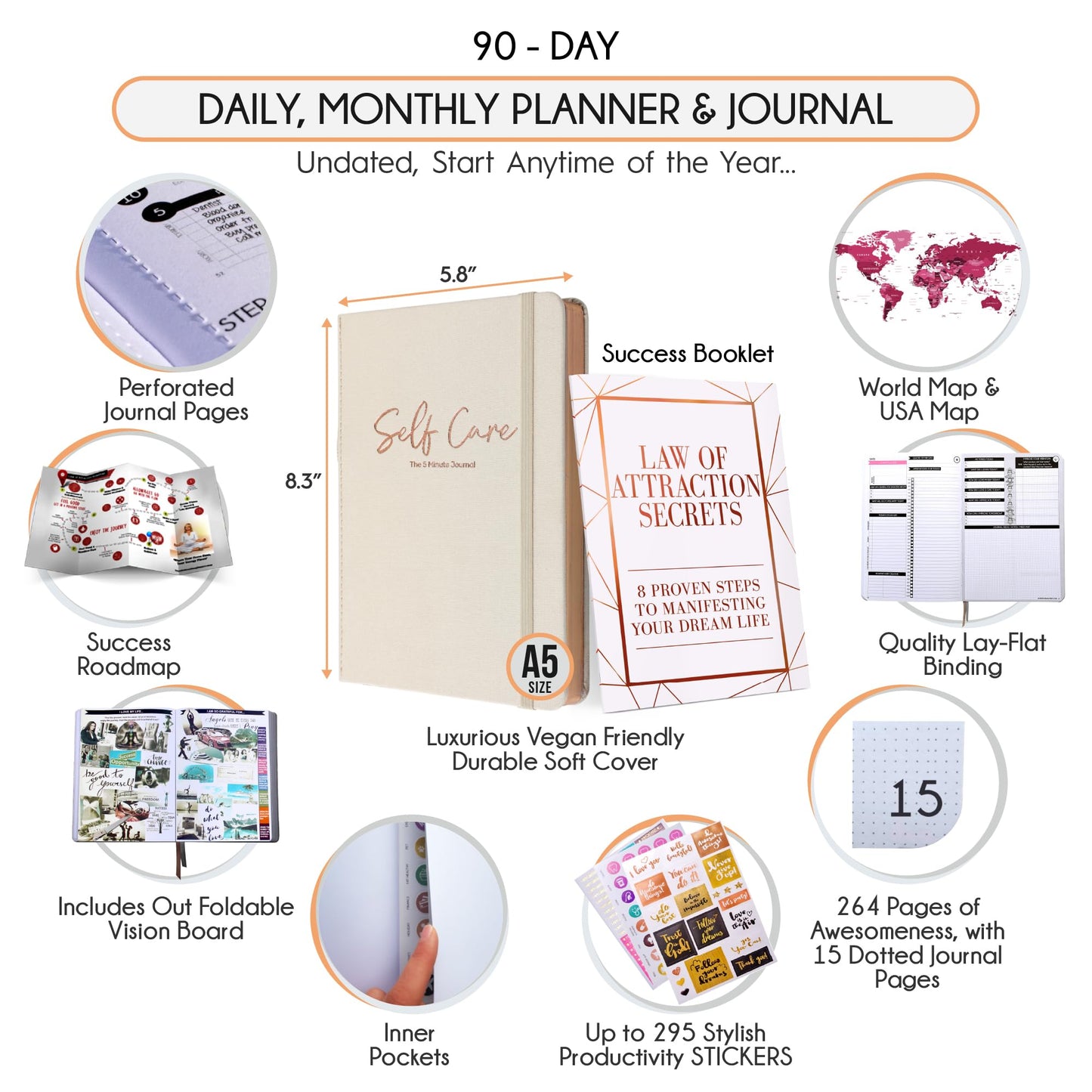 Law of Attraction Self-Care Journal - The Five Minute Journal 2024, A 90 Day Journey Creating Your Dream Life - Personal Gratitude Journal, Week Success Planner, Vision Board & Organizer + Planner Stickers