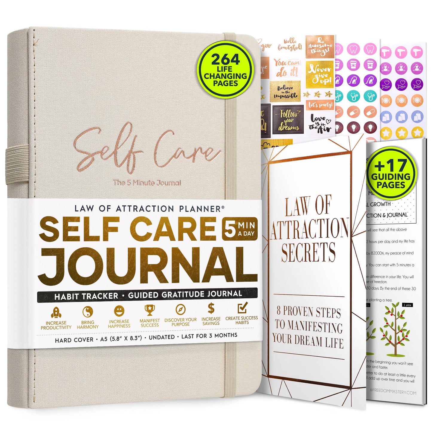 Law of Attraction Self-Care Journal - The Five Minute Journal 2024, A 90 Day Journey Creating Your Dream Life - Personal Gratitude Journal, Week Success Planner, Vision Board & Organizer + Planner Stickers